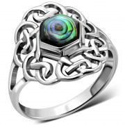 Round Abalone Celtic Knot Silver Ring, r536